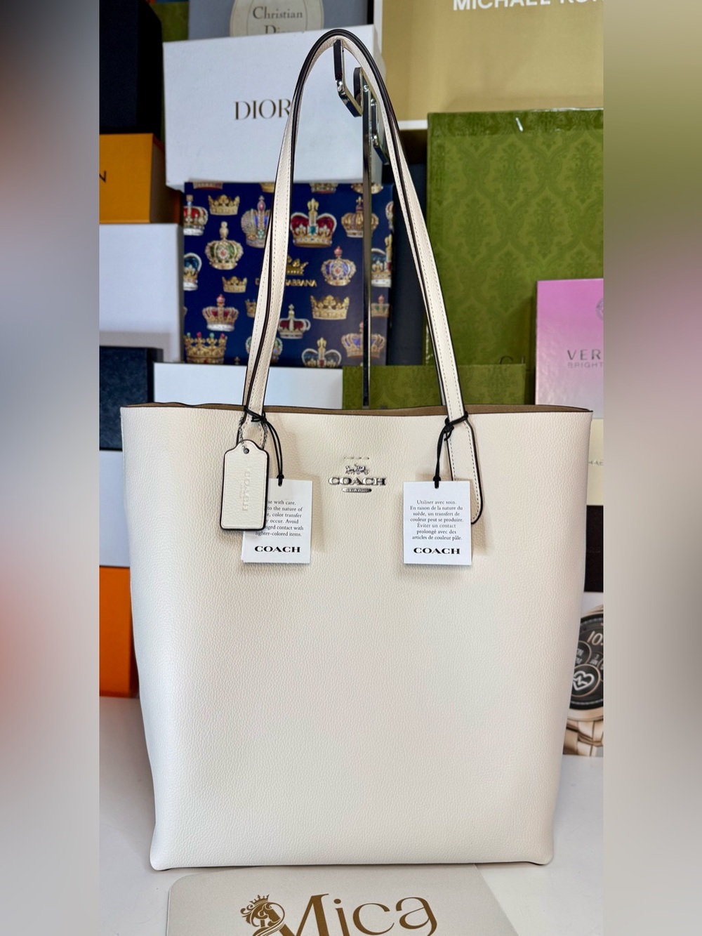 🆕 COACH Cream Pebbled Thea Tot with Double Handles and Tag MSRP:$425 - Picture 7 of 17